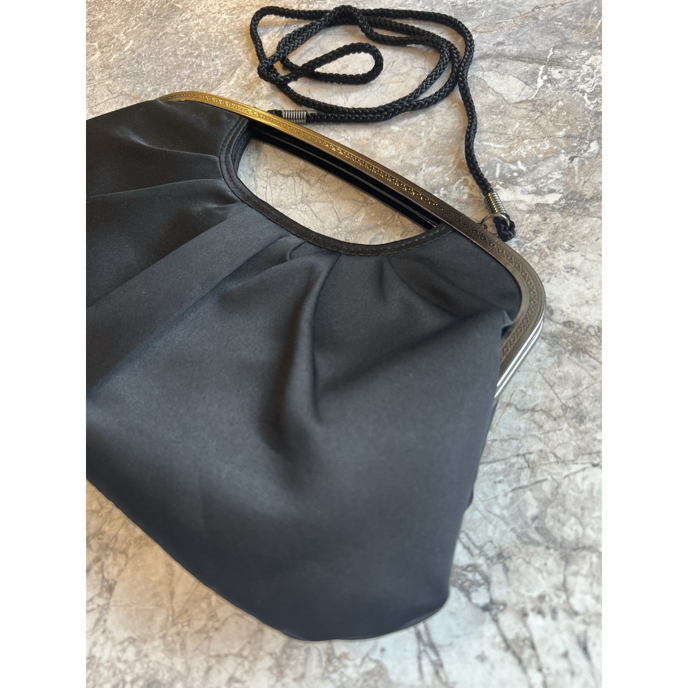 Kate Landry Black Satin Evening Clutch Purse Shoulder Bag Silver Frame - Picture 4 of 12